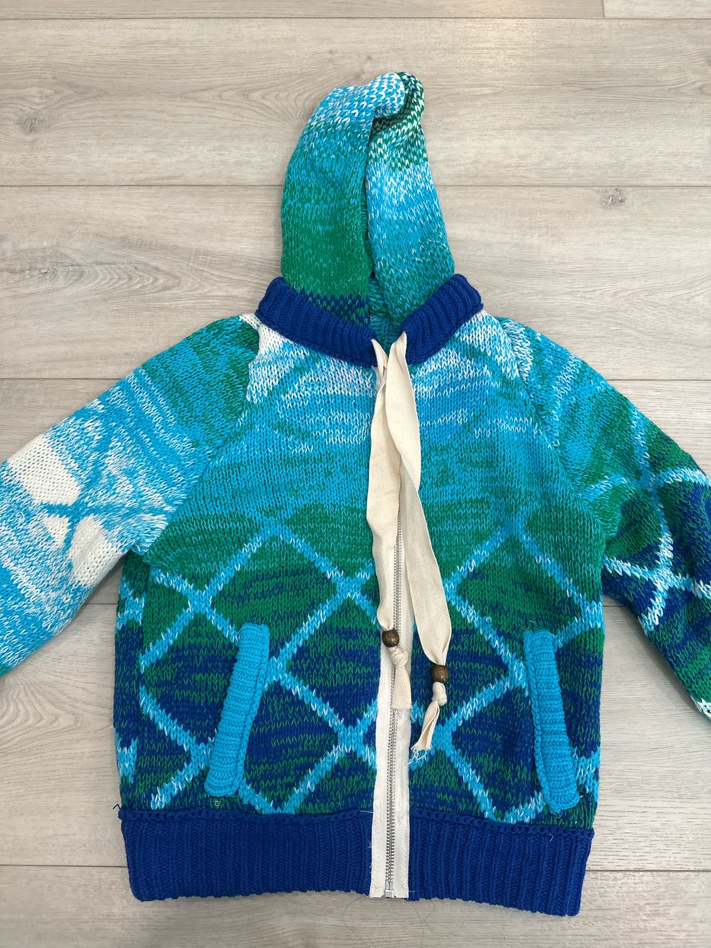 Free People Blue Green Chunky Knit Hooded Zip Cardigan Sweater XS NWT